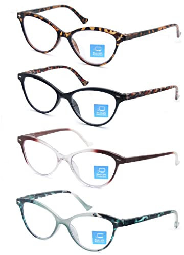 HEEYYOK 4Pack Occhiali da Lettura per Donne Blu Luce che Bloccano gli Occhi di Gatto Computer Ladies Readers Cerniera Flessibile a Molla