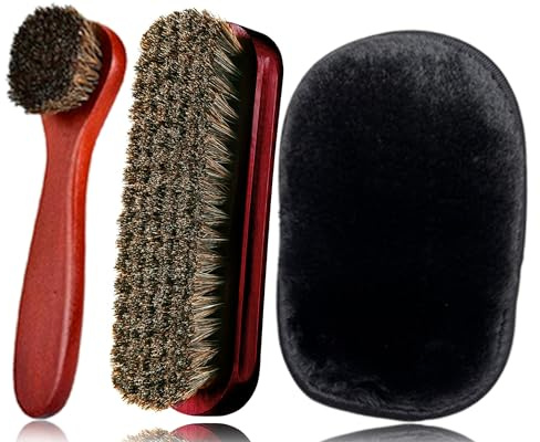 Shoe Brush, KY-Tech Shoe Polish Brush Shoe Shining Brush Shoe Cleaning Brushes Premium Horsehair Brush Boot Brush with Plush Polishing Glove for Boot, Shoe, Car Seat, Sofa Buffing Polishing (Black)