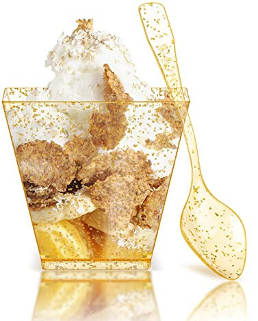 PALUDO 100 Piezas Mini Tazas de Postre con Cucharas, 60 ml Vasos de Postre de Plástico con Brillo Dorado Reutilizables, Copas de Postre Transparentes Cuadrados para Mousse Helado Pudín