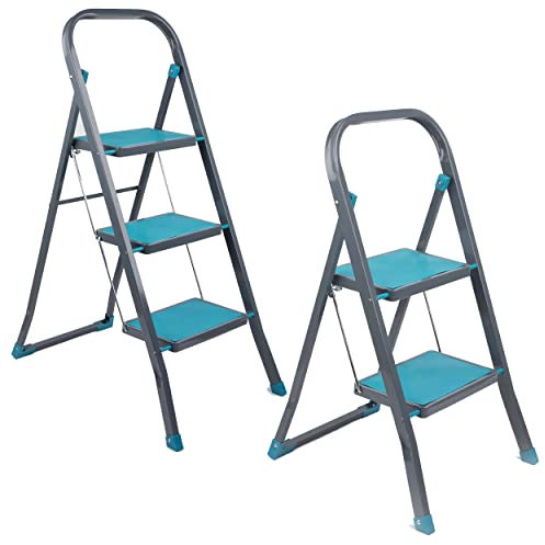 Beldray COMBO-8649A Stepladder Set - 2-Step & 3-Step Folding Ladders, Anti-Slip Steps and Feet, Sturdy Steel Ladder with Safety Clip, Ideal for DIY and Gardening, Indoor/Outdoor Use, Easy to Store
