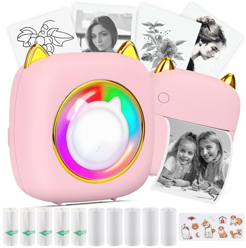 HuiJuKeJi Mini Drucker,Mini Fotodrucker für Smartphone,Tragbarer Drucker mit 7 Farben LED,Wireless Bluetooth Thermodrucker für Sticker Journal, Reisen Logo, Notizen, Journal, Liste, Memo