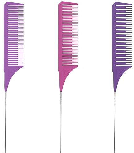 INGJIA 3 Stück Strähnenkamm Haarkamm, Strähnenkamm Färbekamm Schwanzkamm für Friseursalon, Antistatische Friseurkammzähne Rattail Comb für Haare (Violett)