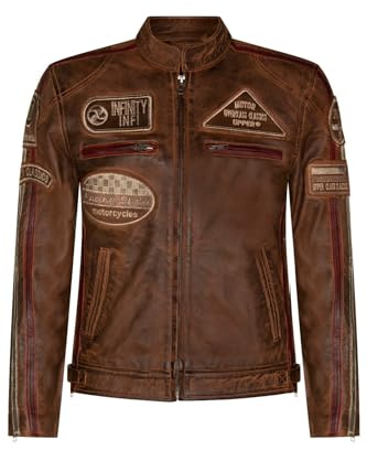 Infinity Leather Hombres Tan cuero Biker Insignias Racing Moto Chaqueta M