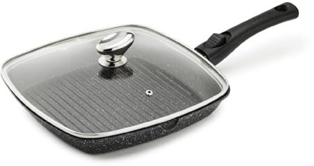 Pradel Excellence - PCUI001022 - Poêle Grill en Fonte d'Aluminium 28x28cm, Couvercle Verre - Revêtement Anti-Adhésif Façon Pierre - Manche Amovible - Tout Feu, Noir