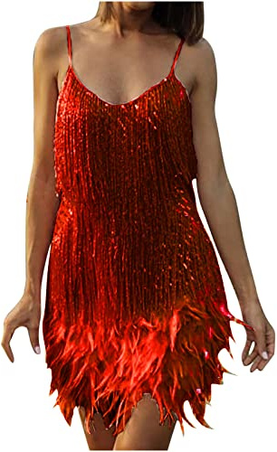 Disco Robe en Plumes à Sequins à Franges de Couleur Unie pour Femmes - Robe de Soirée avec Bretelles Spaghetti