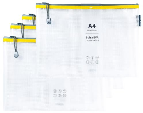Grafoplas Pack de 4 Bolsas con Cremallera EVA a4, Hechas con Goma EVA Transparente, Cremallera Amarilla, Ideal para Transportar y Proteger Todo Tipo de Artículos, Documentos, Cosméticos o Puzzles