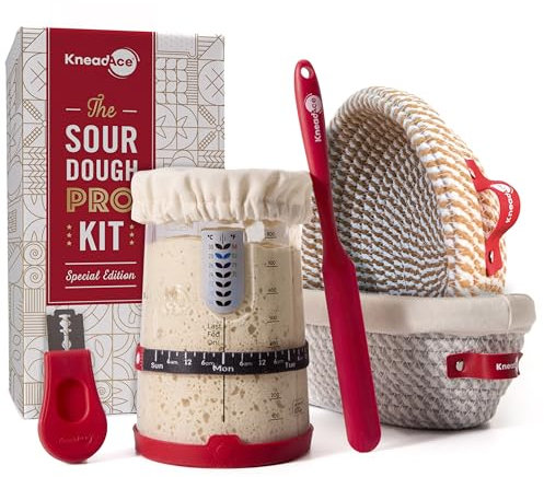 KneadAce Sourdough Starter Kit – 34oz Starter Jar, 2 Cotton Rope Banneton Proofing Baskets, Magnetic Bread Lame for Scoring – Gift for Bakers & Complete Sourdough Bread Baking Set