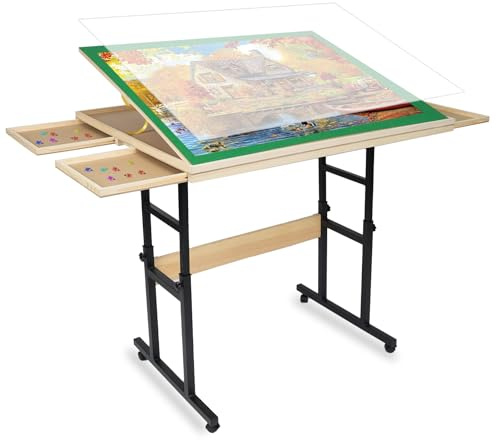 Jifenkla Mesa de Rompecabezas de Madera con Patas - 1500 Piezas - 89x69 cm - Altura Ajustable e Inclinación 45° - 4 Cajones - Tapa - Regalo para Adultos - Mesa de Puzzle Organizadora