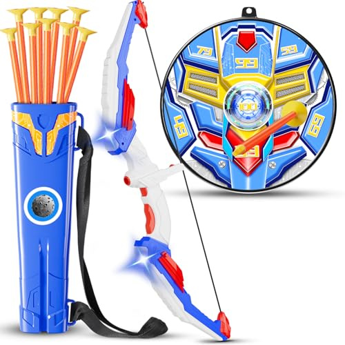 QCTOYS Kids Bow and Arrow Set - LED Light Archery Set with Adjustable Bowstring 10 Suction Cup Arrows 2 Targets and Quiver, Indoor Outdoor Archery Sport Toys for Kids Age 4-12 Birthday XMas Gifts