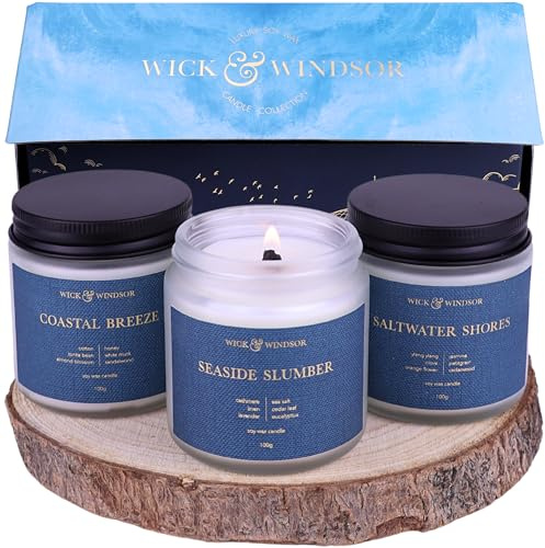 Wick & Windsor | Scented Candle Gift Set | Coastal Collection | 3 Luxury Soy Wax Candles | Wooden Wick | 3×100g | Sea Salt, Lavender & Sandalwood | Gift for Women - Birthday, Summer & Christmas