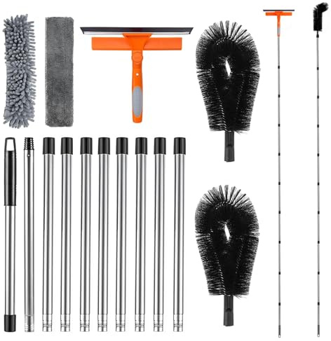 Yolispa Kit di strumenti per la pulizia delle finestre con 11 pali telescopici, spazzola per la pulizia di grondaie, spatola in silicone e lavavetri, per la pulizia di vetri, specchi, auto, tetti
