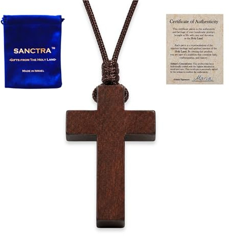SANCTRA Collar de cruz de madera para hombre y mujer, hecho a mano y bendecido en Tierra Santa, colgante de fe cristiana con bolsa de regalo y certificado de autenticidad.