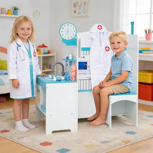 HONEY JOY Kids Wooden Doctor Play Set, Checkup Medical Office Center & Vet Clinic Station, CT Machine & Interactive Accessories, X-Ray, Toddler Pretend Hospital Playset Kit (Washing Blue)