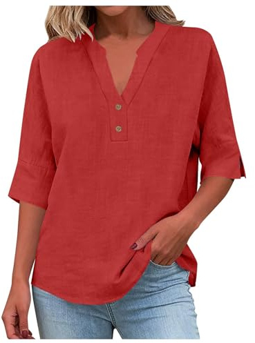 Donna Estive Elegante Camicetta Manica 3/4 Bluse e Camicie Scollo a V Camicetta Donna di Base per Ufficio Lavoro Vestibilità Classica Camicia Cotone Elegante con Bottoni e Scollo a V (Brick Red, XXXL)
