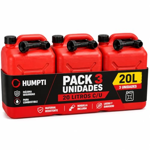 Humpti Garrafa Gasolina 20L Homologada Pack de 3 - Bidón Combustible Plástico con Visor de Nivel - Bidones para Gasolina y Gasoil Homologados 60 Litros