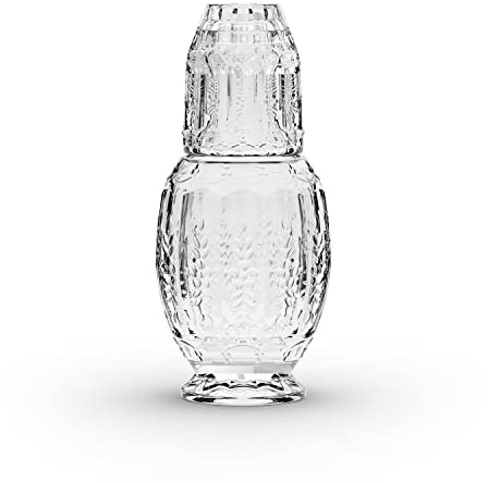 Elle Décor Vintage Bedside Water Carafe with Tumbler – Elegant Pitcher and Matching Drinking Glass Doubles As Lid For Guest Room, Office, or as a Gift, 4.7x10.4, Clear