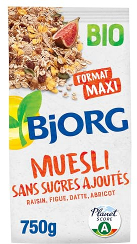 BJORG - Muesli Bio Sans Sucres Ajoutés - Raisin, Figue, Datte, Abricot - Aux Céréales Complètes - Sachet 750 g