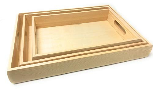Vetrineinrete® Set 3 vassoi in Legno rettangolari per decoupage Vassoio da Portata con Manici Bordo Alto per servire Colazione Alimenti P45