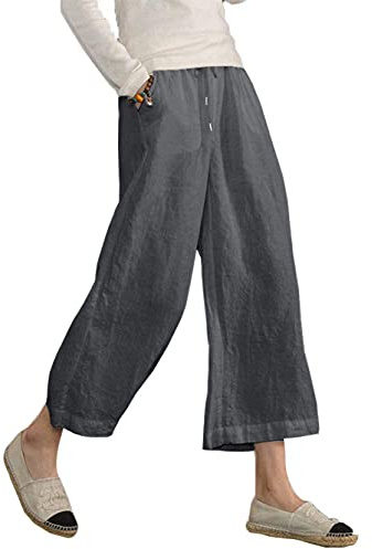 Famulily Women's Summer Comfy Cotton Linen Cropped Trousers Wide Leg Lounge Pants with Pockets