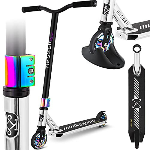 KESSER® Trougetinette de Freestyle X-Limit-Pro 360Ḟ Direction trougetinette Funscooter trougetinette de Freestyle avec béquille ABEC 9 roulements à Billes, Roues en PU 110 mm, Chrome/Argent