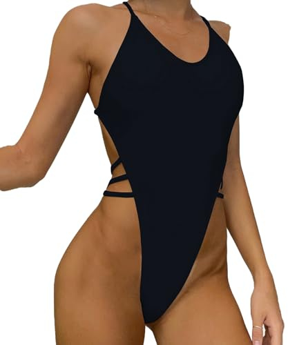 Faringoto Traje de baño sexy para mujer, traje de baño de tanga de una pieza, Negro, S