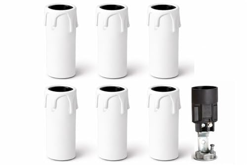 Kit 6 Portalampade E14 Finta Candela Bianca – Copricandela per Lampadari Classici e Vintage – Attacco E14 con Nipplo M10 e Vite di Sicurezza – Altezza 65 mm