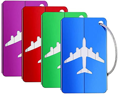 Lookka Luggage Tags for Suitcases，Travel Tags for Luggage，4 Pack Luggage Labels Aluminium Alloy Suitcase Tags with Steel Loop for Travel Baggage Identity ID Labels (Multicolor)