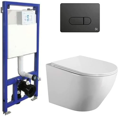Pack Inodoro Suspendido + Cisterna Empotrada | Inodoro Empotrado con Fondo Reducido y Asiento Extrafino con Caida Amortiguada (Pack Wc Suspendido + Cisterna Empotrada + Pulsador Negro)