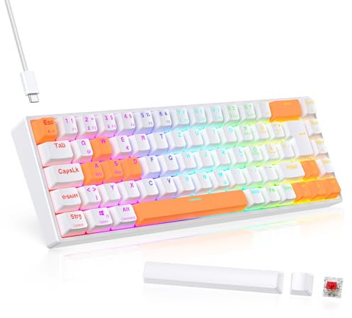 TECURS Gaming-Tastatur Mechanische Hot-Swap-Fähige, Gamer Tastatur RGB mit Kabel 65% QWERTZ Deutsch Layout, Mini Gaming Keyboard mit Rote Schalter für Windows