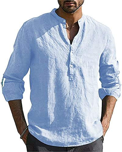 YAOBAOLE Chemise Lin Homme Manche Longue Col Mao Chemise Été Homme Leger en Coton Lin Chemise De Plage Classique Casual Henley Shirt