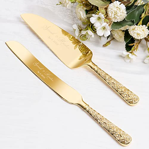 Cake Cutting Set for Wedding, Personalized Gold Cake Knife and Server Set, Custom Cake Serving Set, Engraved Pastry Pie Server Cake Pizza Cutter, Christmas Birthday Bridal Gift (Flower)
