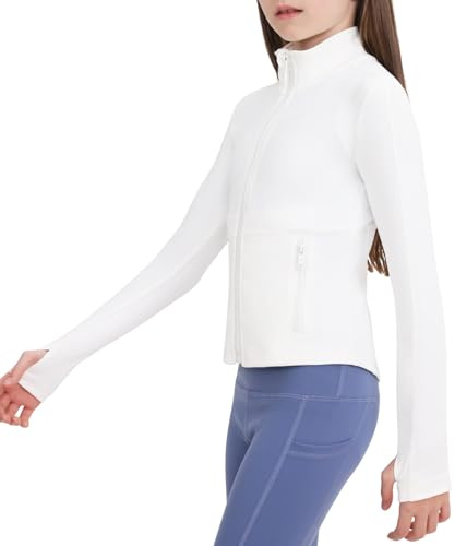 B&GCozy Giacca sportiva leggera da ragazza, con cerniera intera, per yoga, corsa, equitazione, con tasca, 6-15 anni, bianco, 12-13 Anni