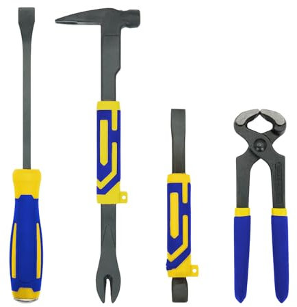 MANUFORE 4pcs Pry Bar Nail Puller Set, 12” Pry Bar,12” Crow Bar with Hammer, 10” Chisel and 8 Carpenters Pincers Set