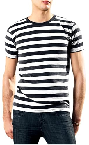 Compatibile con Mantis – Maglietta da uomo retrò a righe in stile marinaro, a maniche corte con scollo rotondo, certificato Oeko-Tex 100, cotone in conversione, vegano, Nero , L