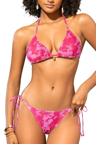 SHEKINI Costume da bagno da donna brasiliano, 2 pezzi, bikini con spalline a triangolo, set costume da bagno, tanga con laccetto, S