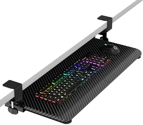 ERGOMAKER Support Clavier Ordinateur,Plateau pour Clavier et Souris Coulissant sous Le Bureau,Avec Fixation Par Pince en C, 65 (y Compris La Pince 76) x 30cm,Fibre De Carbone
