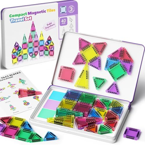 Azulejos magnéticos, 40 piezas, juego de bloques de construcción magnéticos de viaje, mini azulejos magnéticos, juguetes de construcción con caja de hierro para niños y niñas, juguetes magnéticos para