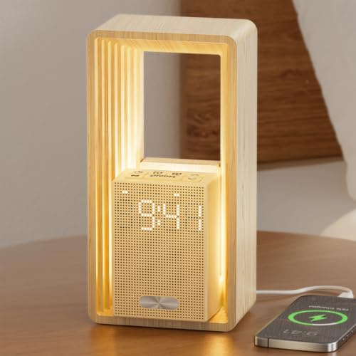Lámpara de Noche con Puerto de Carga USB & Reloj, Doble Alarma con Luz de Despertar - 9 Sonidos para Dormir Luz Nocturna, Temporizador & Pantalla Regulable Lámpara de Mesa para Dormitorio, Decor