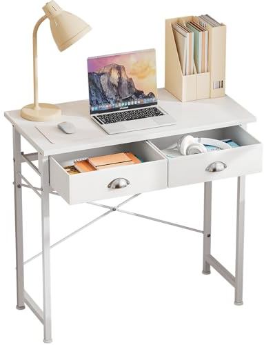 Fuyoula Scrivania per Computer con 2 Cassetti in Tessuto, 80x40 cm, Struttura in Metallo, Piano Impermeabile, Piedini Regolabili (Bianco)