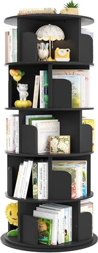 iSunirm 5-Tier Wooden Rotating Bookshelf 360°Display Floor Standing Bookcase Storage Rack for Kids&Adults Multi-Functional Bookshelf Organizer,Black