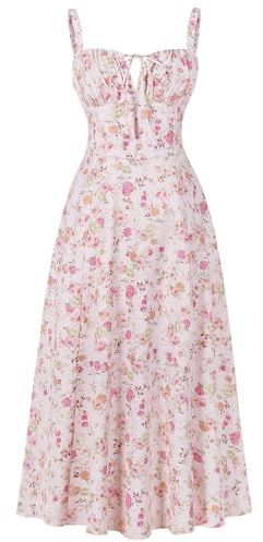 Femmes Robe d'été Printemps Bohème Floral Spaghetti Strap Corset Robe Fente Avant Swing Midi Sun Jupe Fête Vacances Plage RPF XL
