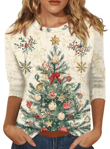 HSUAYEUD Christmas Jumpers for Women UK 3/4 Sleeve Tops Blouses Crewneck T-Shirts Shirts Loose Fit Tunic Tops