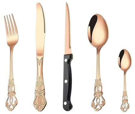 YNIYUJKL Silverware Flatware Set, 5/20/30/40/50/60 Pieces Stainless Steel Royal Tableware Knife And Fork Spoon Set Hotel Home Retro Relief Tableware Steak Knife And Fork,Rose Gold-50 Pieces for 10