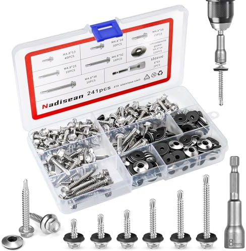 Nadisean 241Pcs Vis Autoforeuse Metal M4.8 * 13/16/19/25/32/38mm, Vis Autoperceuse Tête Hexagonale Inox avec Rondelles D'étanchéité Douille Hexagonale, Vis Autoperforante Vis Bac Acier pour Toiture