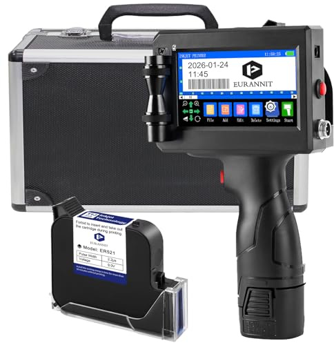 Eurannit Imprimante à Jet d'encre Portable 25.4mm, E15-1 Pistolet d'imprimante à Jet d'encre Portable avec Valise Écran Tactile, LED 4,3 Pouces pour Texte Logo Date Numéro de lot Code-Barres QR