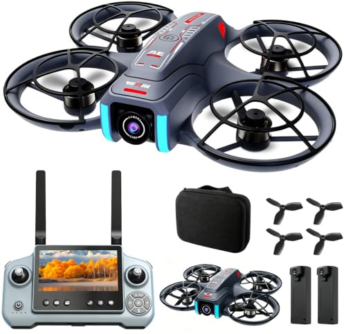 Dron con cámara, pantalla de 4.5'' de control remoto, juguete volador con cámara ajustable a 90°, con tarjeta SD, 2 baterías, adecuado para adultos y principiantes