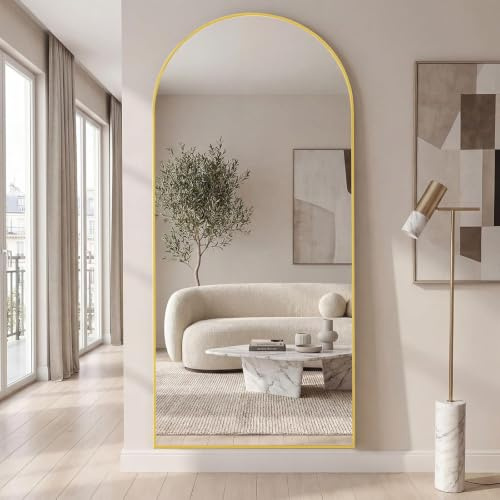 Vortisys 171 x 75 cm Espejo de Cuerpo Entero, Cristal Templado, Espejo Arqueado con Soporte, Marco de Aleación de Aluminio, para Dormitorio, Salón, Vestuario（Gold）