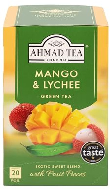 Ahmad Tea - Mango & Lychee - Grüner Tee mit Mango und Litschi - Mit Fruchtstücken - Einzeln Verpackte, Aromaversiegelte Teebeutel mit 2g Tee pro Portion - 20 Teebeutel mit Band