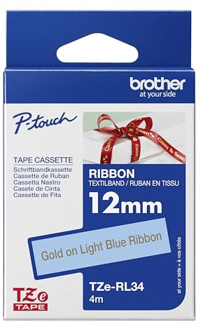 Brother Textiles TZe-RL34 Ruban encreur doré sur bleu clair Largeur 12 mm Longueur 4 m