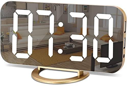 SZELAM Digital Alarm Clock,LED and Mirror Desk Clock Large Display,with Dual USB Charger Ports,3 Levels Brightness,12/24H,Modern Electronic Clock for Bedroom Home Living Room Office - Gold